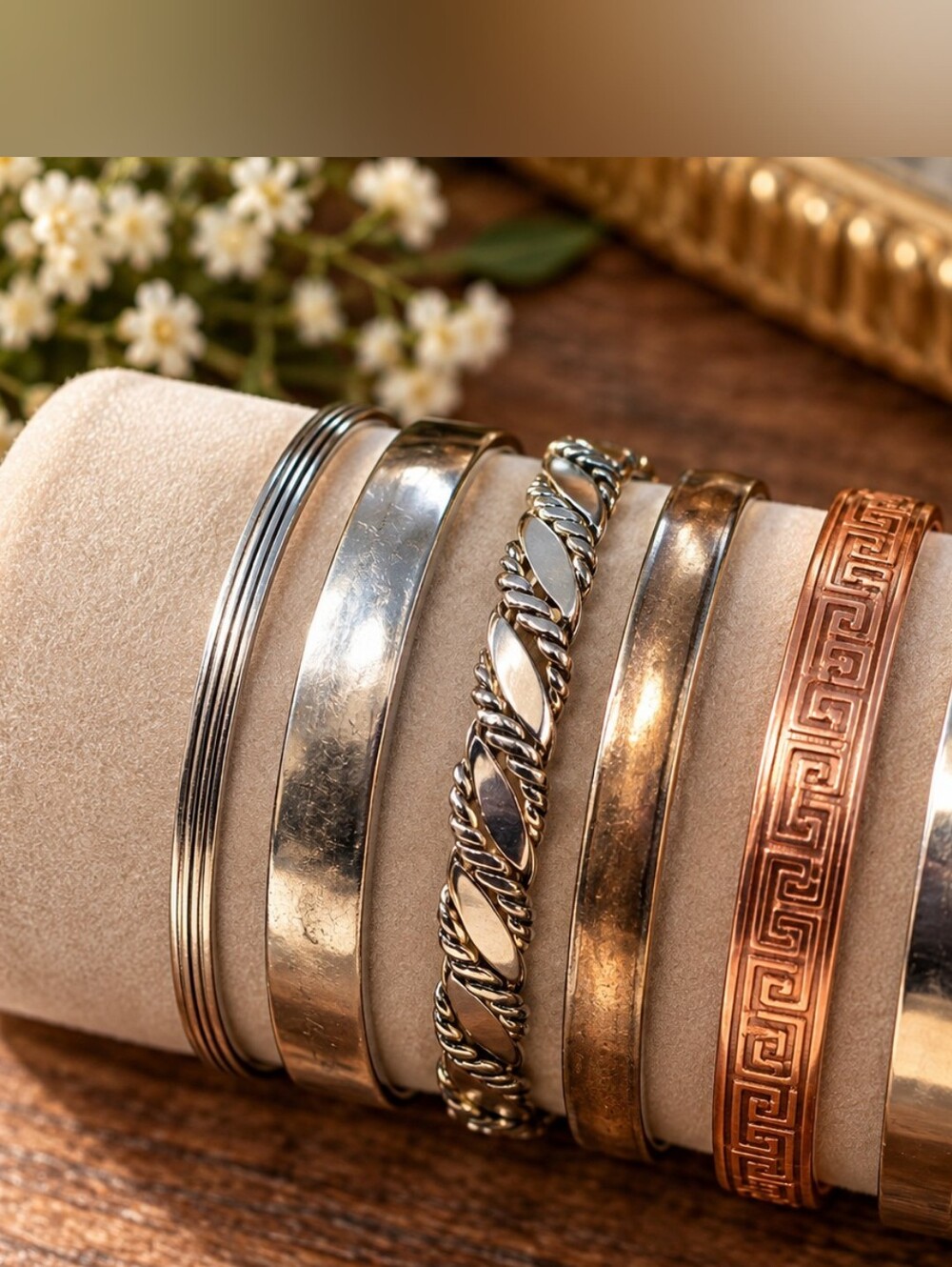 Mixed Metal Bangle Bracelet Stack 6Pc Bundle Silver Copper Bear Motif CC
